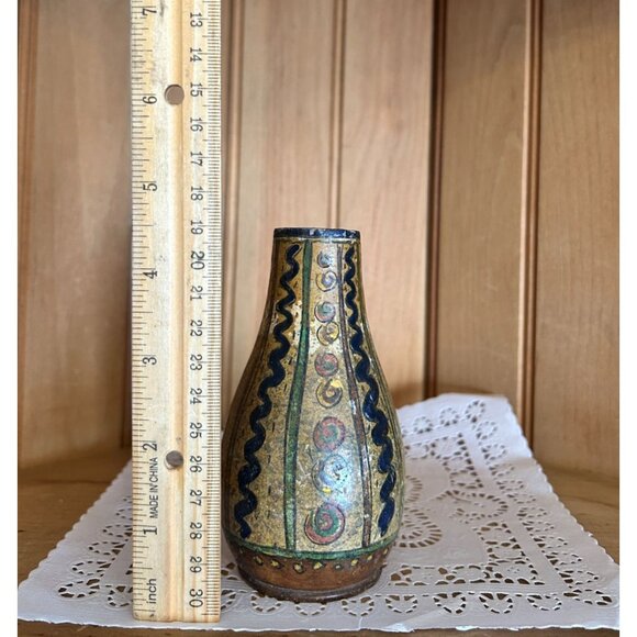 Hand Turned Wood Vase Hand Painted Rustic Abstract Boho Style Home Decor - Picture 6 of 6